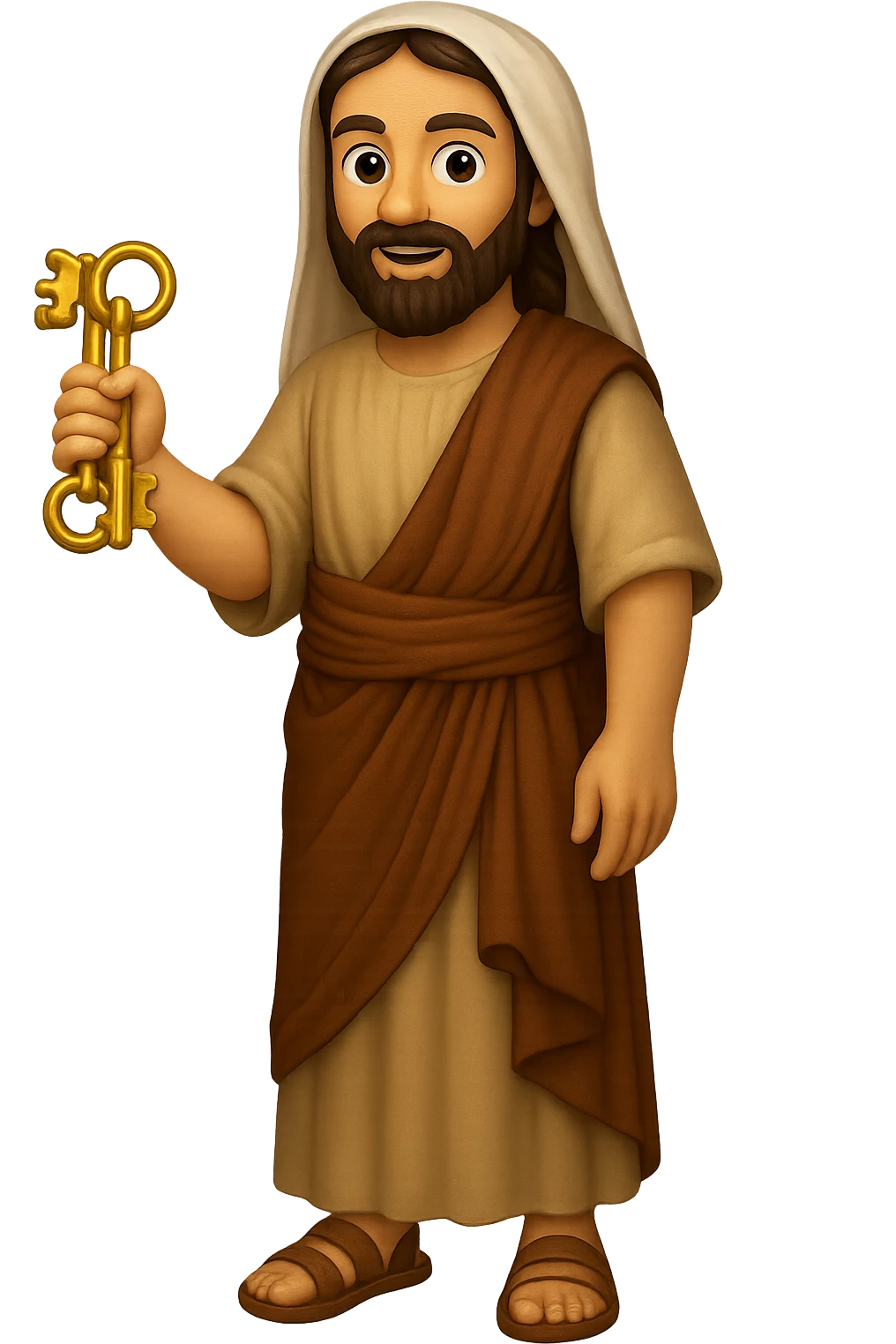 Create a fullbody apostle Peter in high detail, emoji style, wearing plain robes like the reference image, holding keys, full beard, standing, intricate clothing. The style should resemble emoji style with clear details and colors. emoji