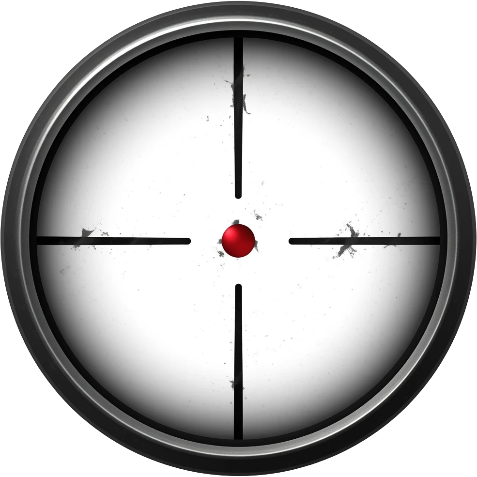 Minimal tactical cartoon emoji style, rugged scratched rifle scope crosshair reticle, circular black ring with weathered metal texture, faint red center dot, subtle dust particles, transparent background, centered composition, thick outline, muted tactical colors. emoji