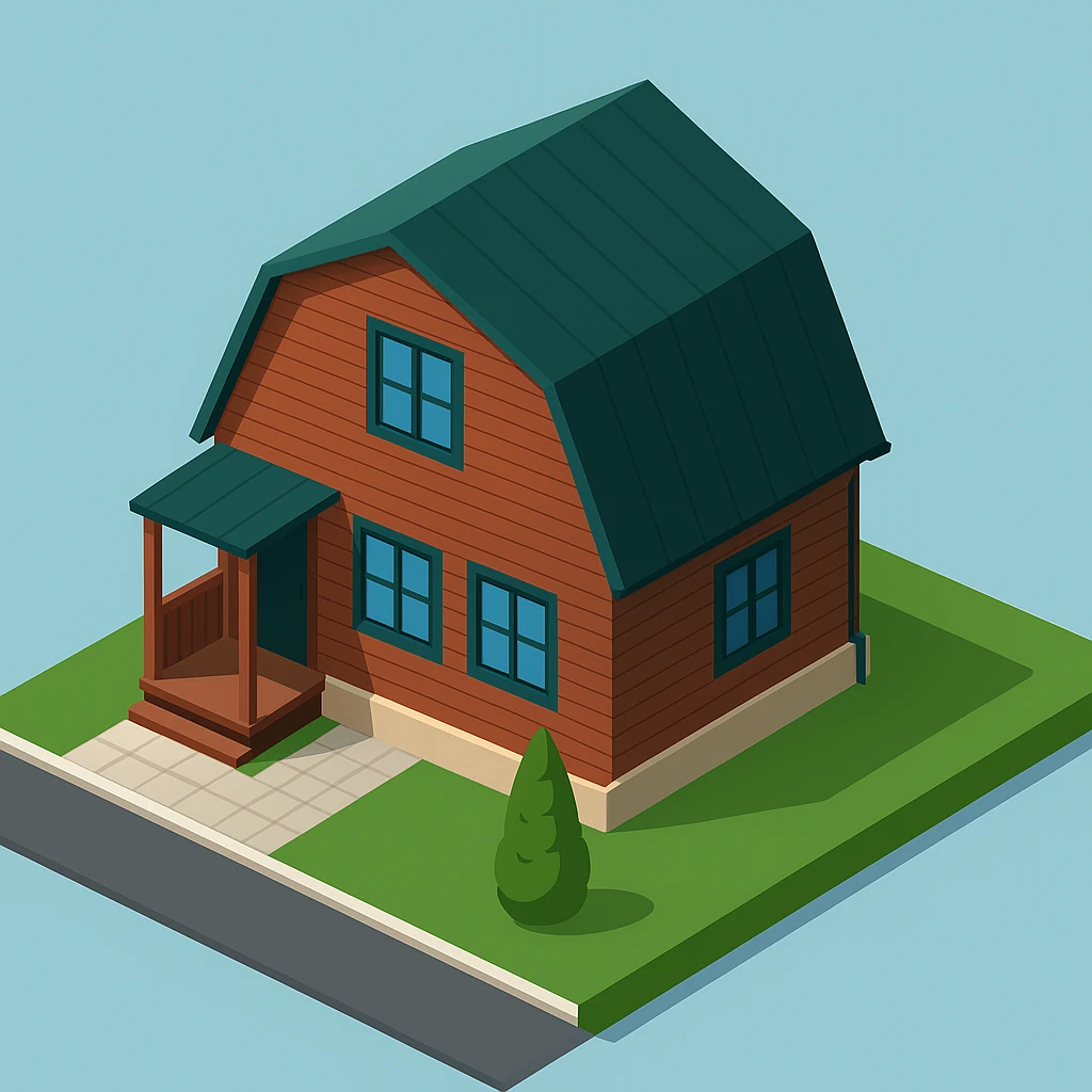 isometric illustration of the building. 3D isometric infographic design. Clean lines, bright and saturated colors, minimal unnecessary details. View from above at an angle (isometric), showing the roof, facade, and part of the surrounding area. Soft shadows, daylight lighting, no harsh contrasts. Background should be solid (blue, gray, or light tone). Add a small area around the building (roads, tiles, grass) so the building looks complete. Accurately represent the architectural features of the building (roof shape, facade, colors). Final style should be neat and polished, similar to posters or educational infographics. emoji