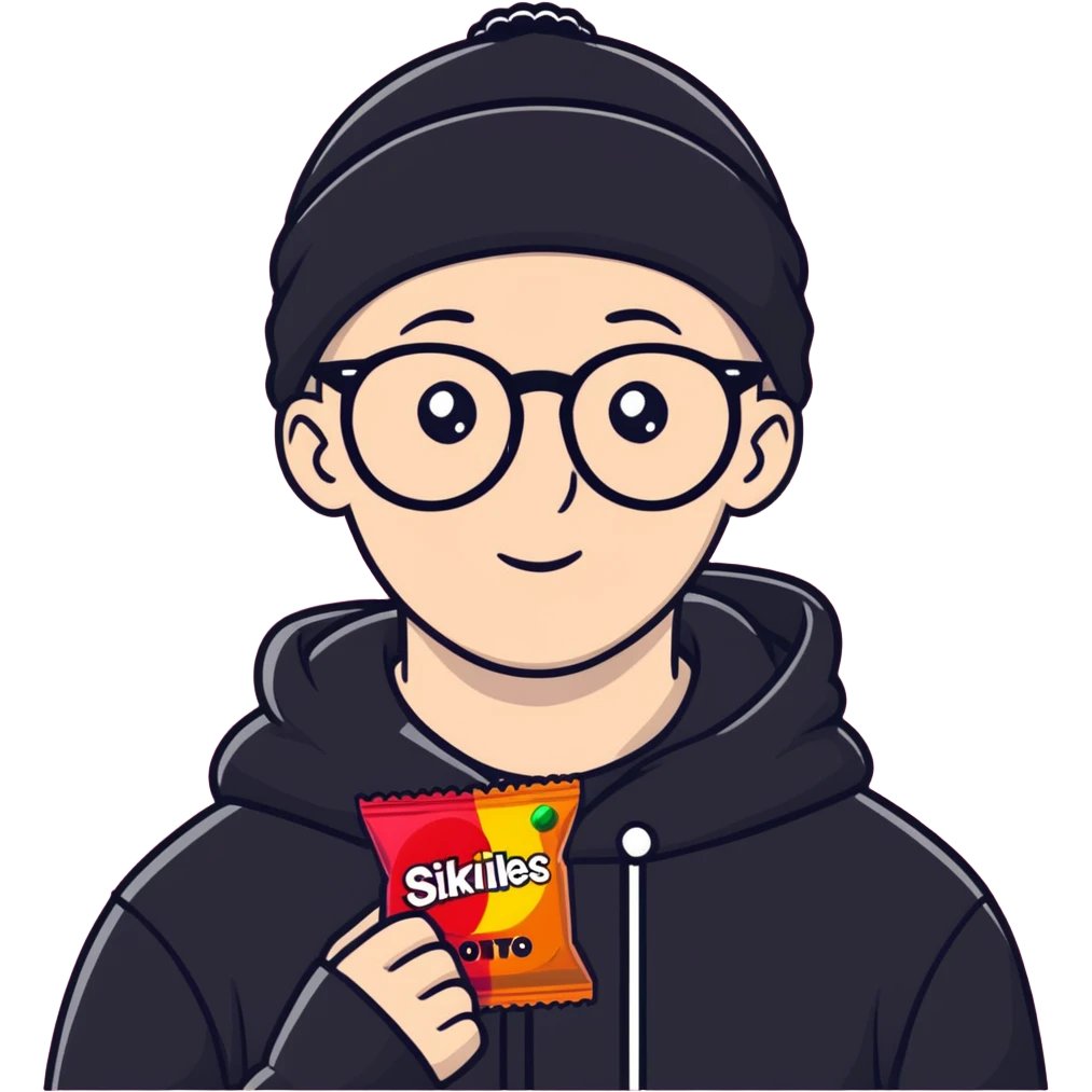 bald white guy with glasses, wearing a black beanie, black hoodie, eating skittles, rainbkw emoji