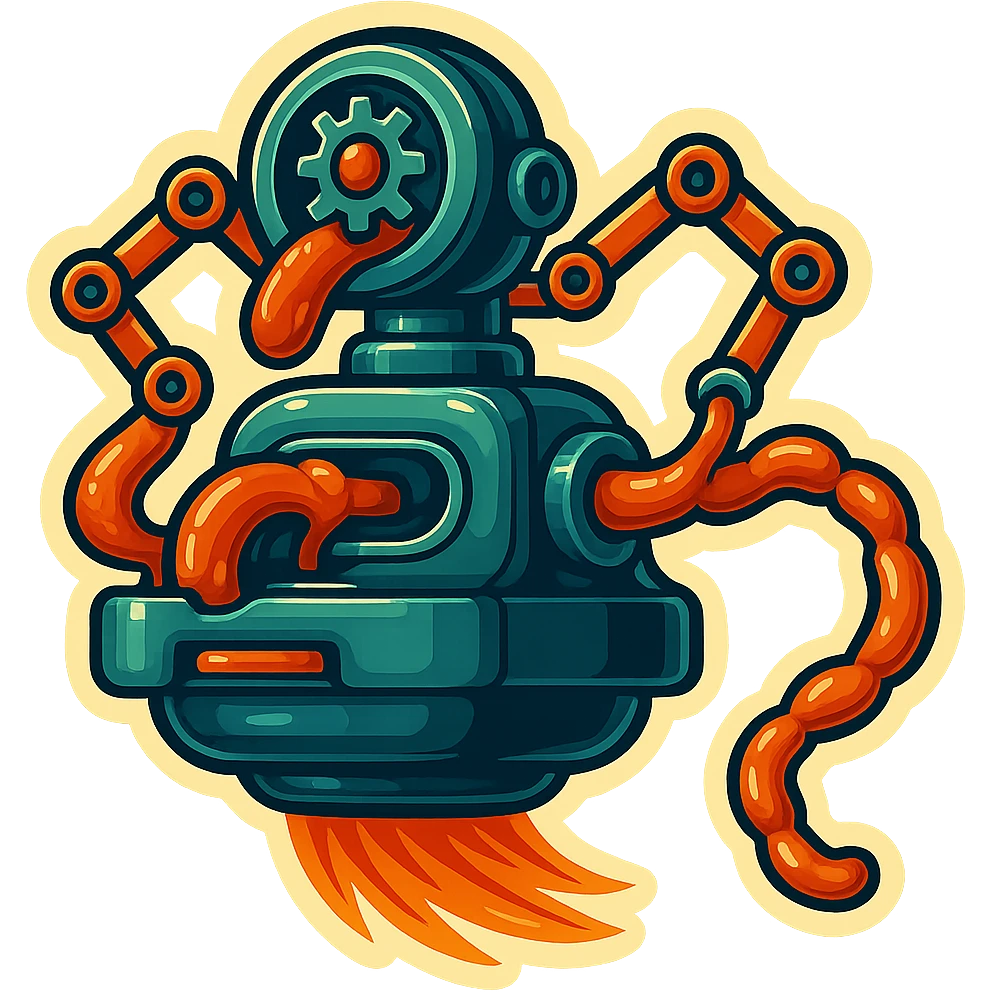 sausage-processing droid. retro-futuristic style. in front is a large industrial grinder rotating gears and blades. Two robotic arms feed material into grinder. Sausage links extrude from the rear like  factory. The body is metallic, compact, and floats above the ground.no legs. Dark humor emoji