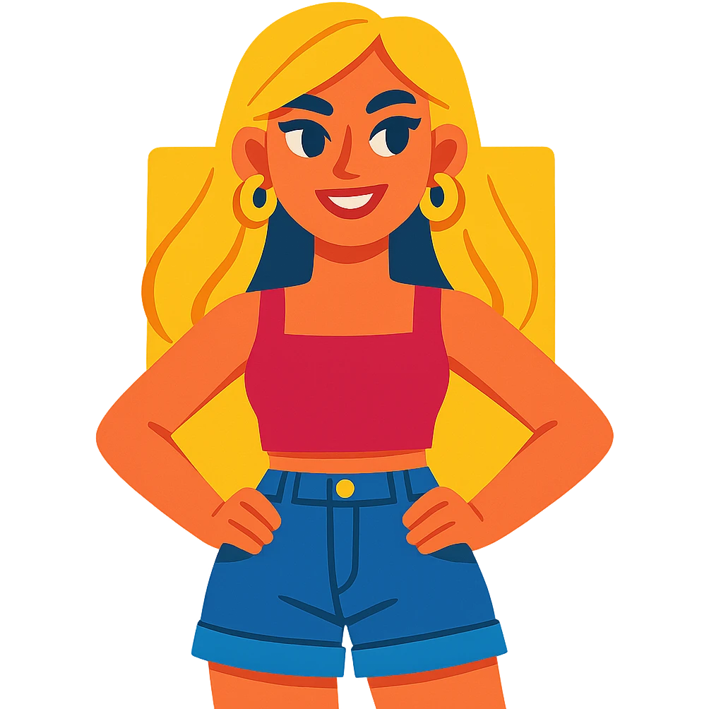fashionable girl with blonde hair, gold earrings, a crop top, and denim shorts, standing confidently, vibrant toon style, colorful, cheerful emoji