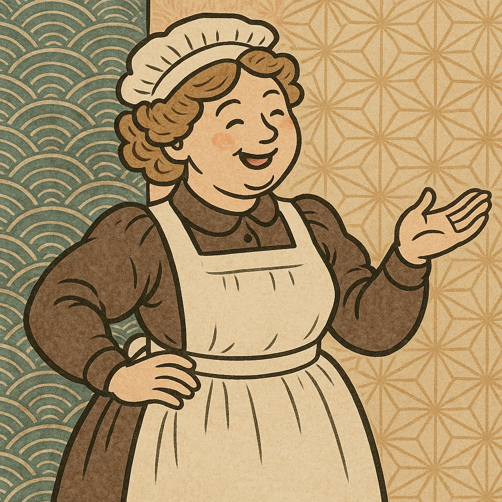 a happy Victorian nurse with an apron and cap, ukiyo-e style emoji