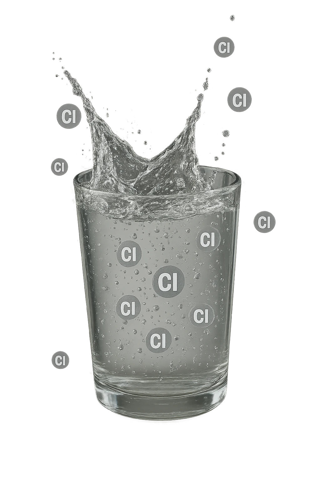 un bicchiere di acqua cade verticalmente dall'alto realistico e dettagliato, dentro l'acqua del bicchiere ci sono particelle di cloro ben visibili con la scritta "Cl" sopra, ci sono particelle anche che escono dal bicchiere e fluttuano in aria verticalmente, mentre alcune sono all'interno dell'acqua nel bicchiere, iperrealistico 4k emoji