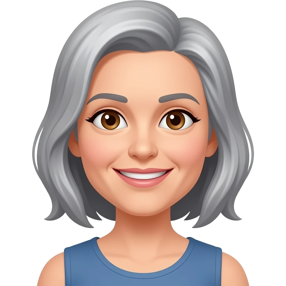 woman, brown eyes, elongated face shape, salt and pepper hair, shoulder lenght, splited from left side, mole on chin nor far from lip on left side, around 45 years, friendly smile emoji
