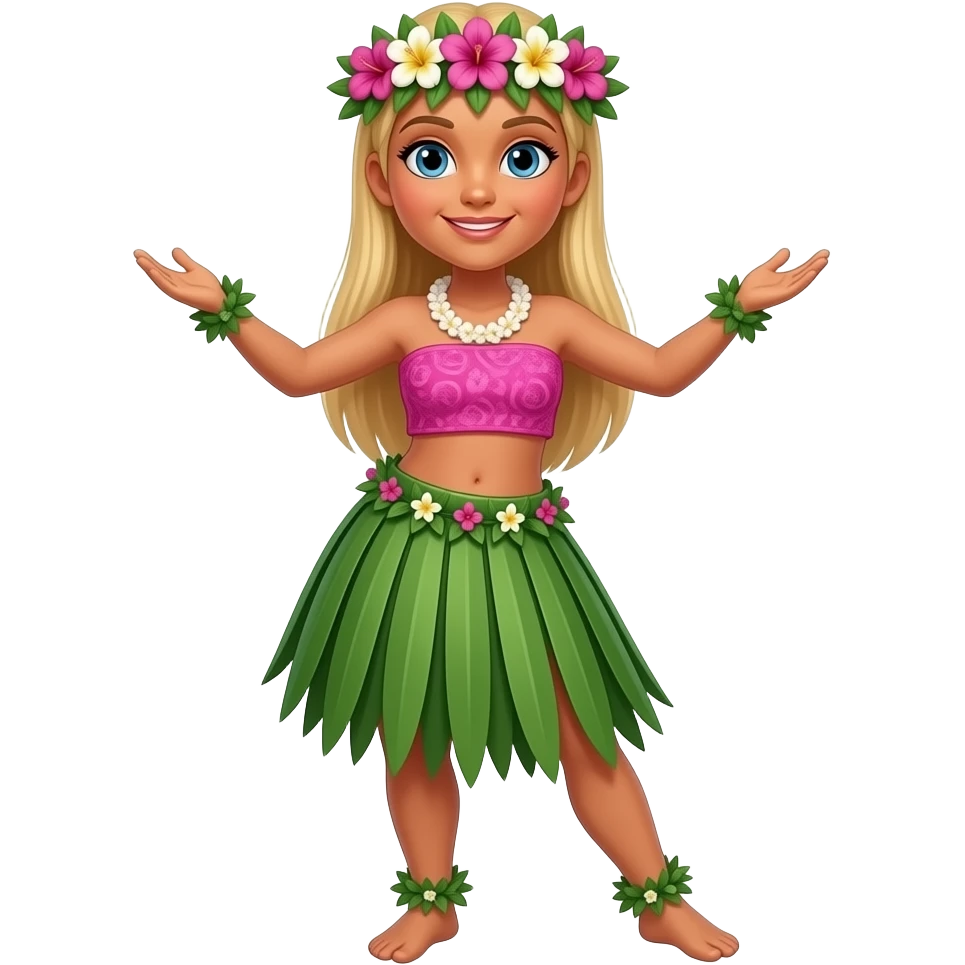Full body with legs and feet Hawaiian hula dancer with straight blonde hair and blue eyes and a flower crown and a pink printed cropped top with a flat/small chest emoji