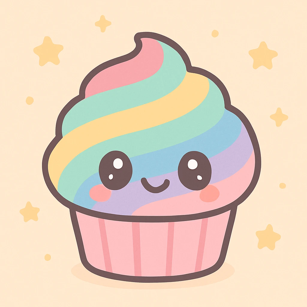 rainbow cupcake, kawaii style, cute face, pastel colors emoji