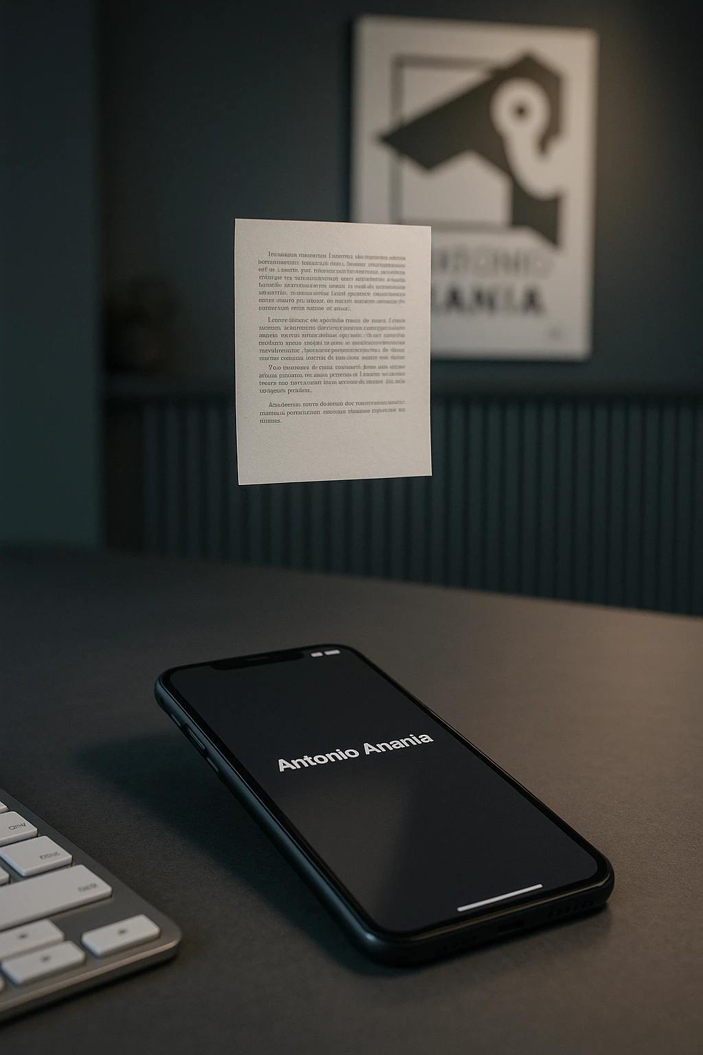 A photo of an iPhone with the message "Antonio Anania" on its screen, hovering over it is another document floating in mid-air, both surrounded by soft light and shadow. The phone sits atop a desk with a blurred background that suggests work environment. A faint glow from above casts gentle shadows across the surface of each object, creating depth and highlighting their textures. emoji