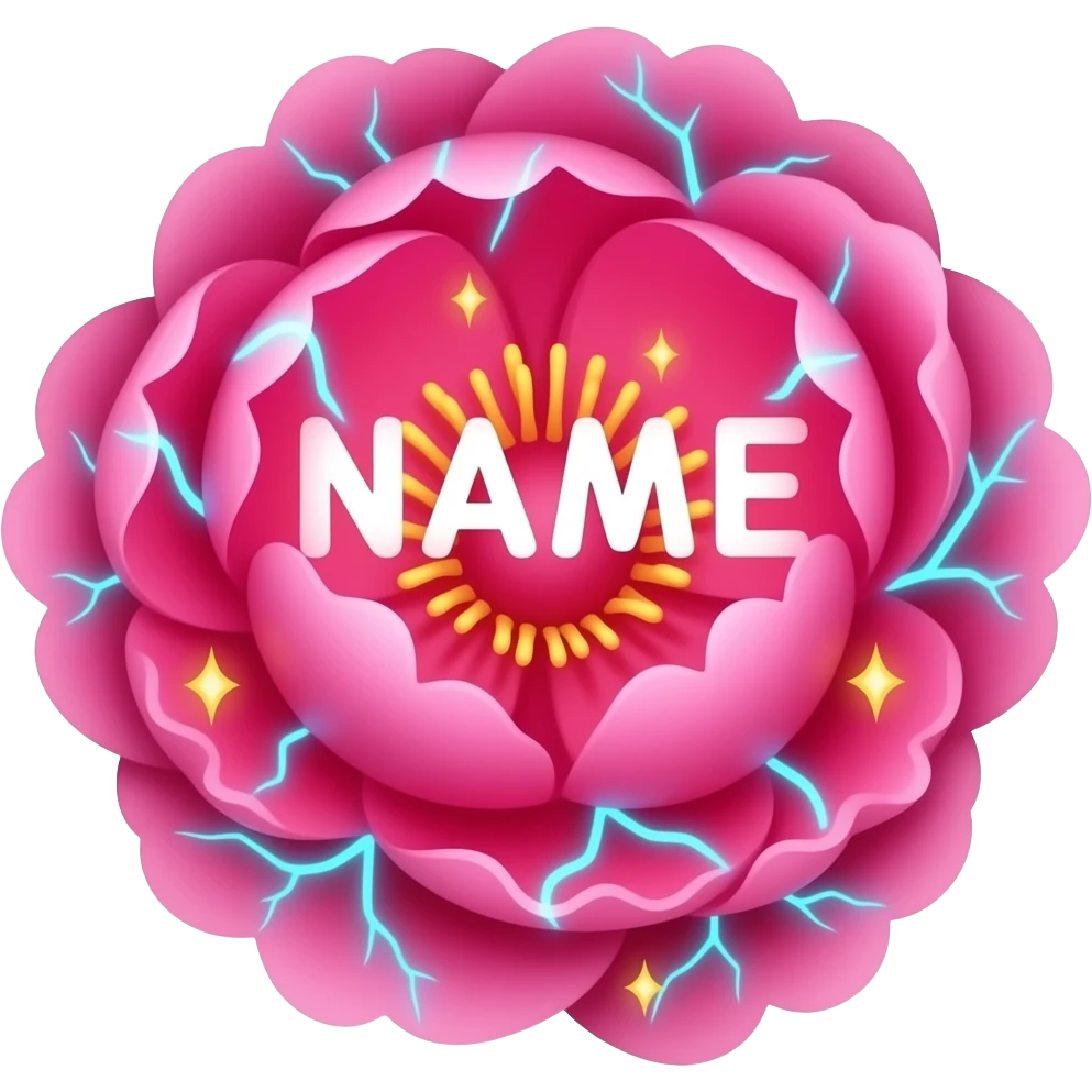 A lush, Peony letter 'NAME' with petals that glow with an internal neon pink light. Fine electric-blue veins run through the petals, surrounded by floating golden sparkles. Isolated on a black background for maximum glow effect emoji