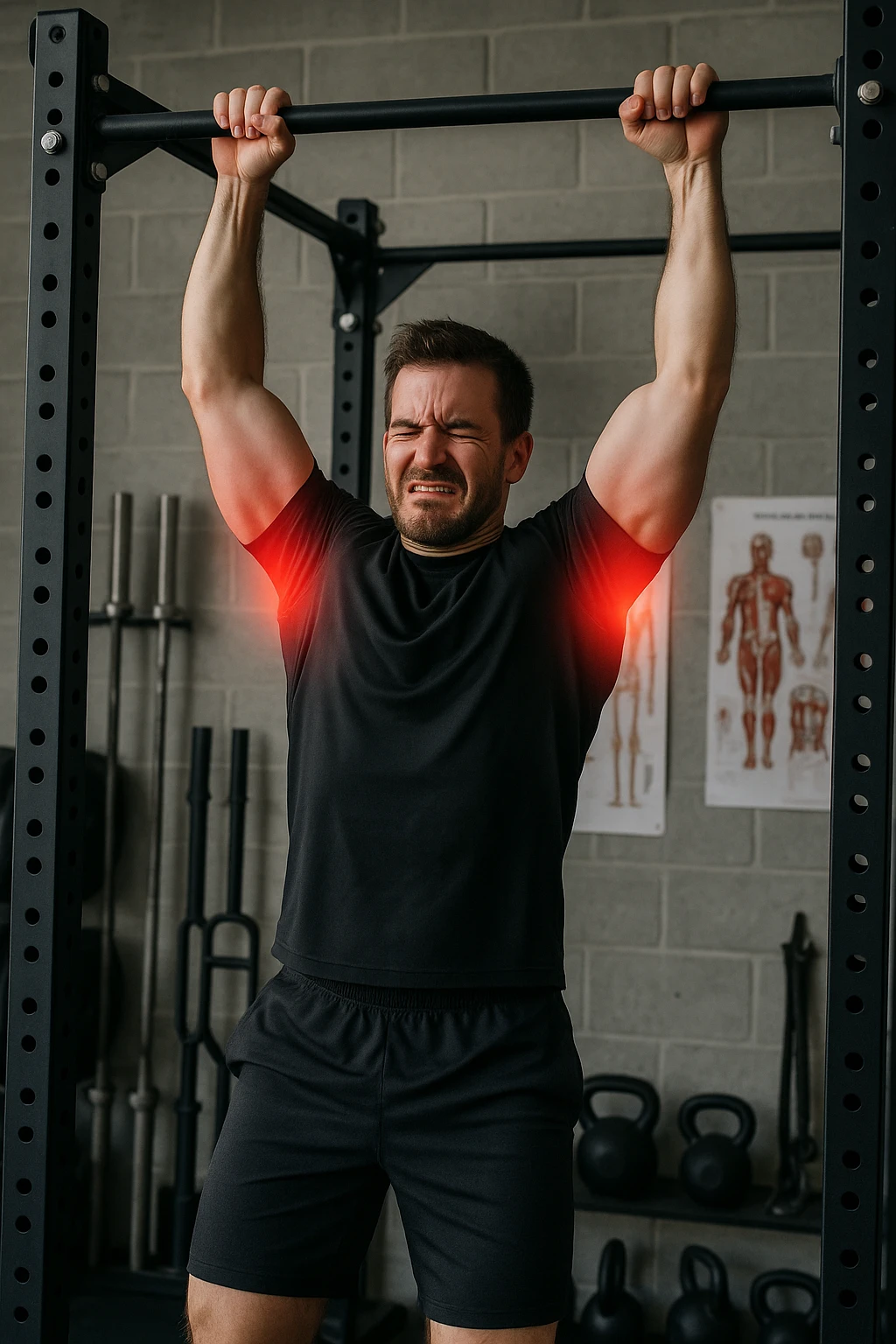 a man in athletic wear esegue una trazione alla sbarra in palestra. I suoi gomiti sono evidenziati con un alone rosso acceso o un effetto glow, indicando infiammazione. Un’espressione di dolore è visibile sul suo volto. Sullo sfondo, attrezzi da palestra e poster anatomici. L’atmosfera è educativa e realistica. emoji