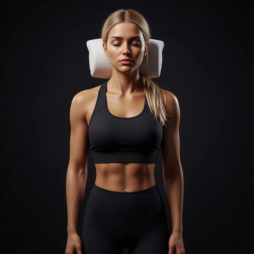 DONNA FITNESS IN PIEDI CON CUSCINO DIETRO LA TESTA MENTRE PROVA A DORMIRE, IPERREALISTICA 4K, SENZA SFONDO emoji
