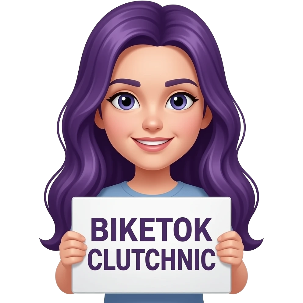 girl with long purple hair with a BIKETOK CLUTCHNIC sign emoji