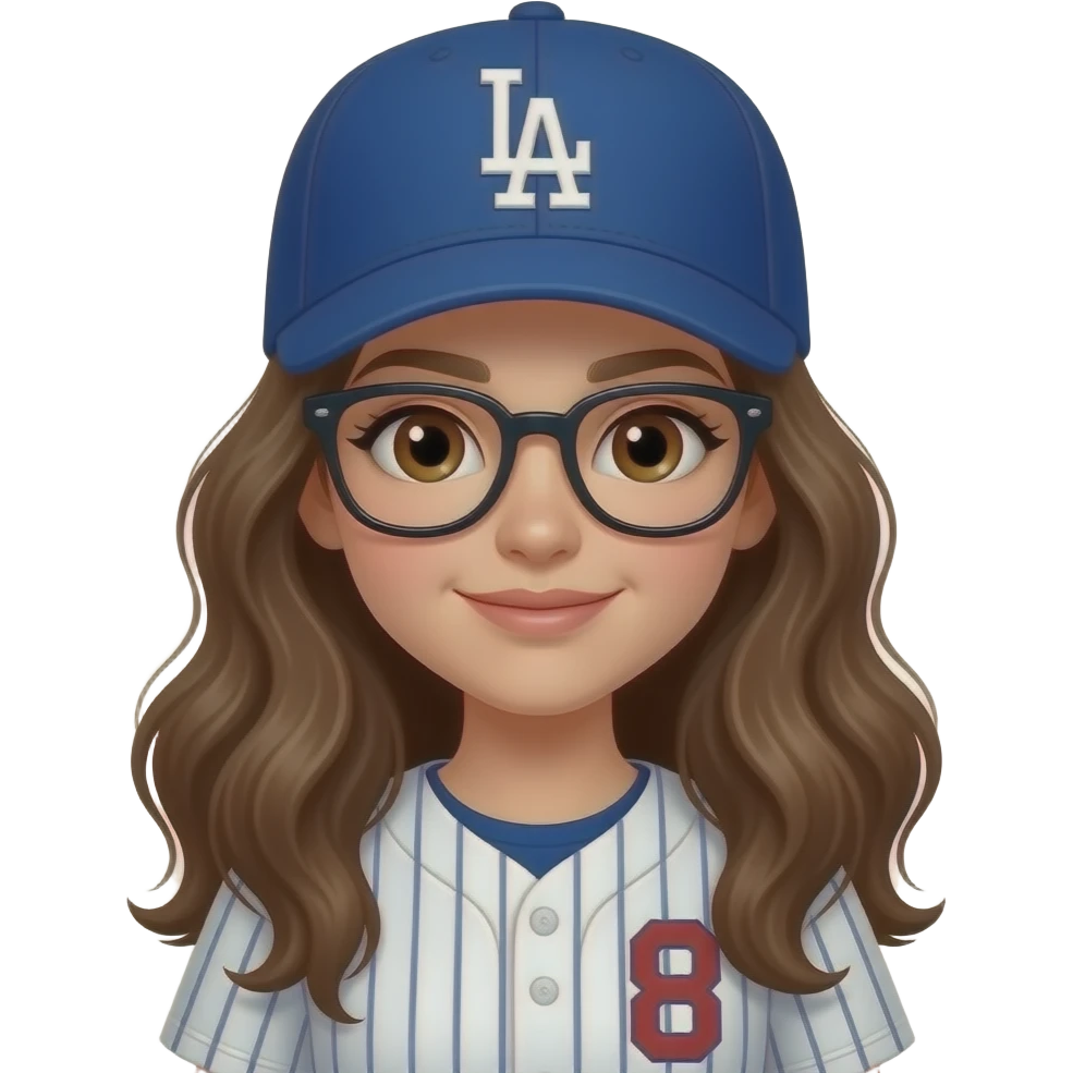 Girl with glasses with brown eyes & long wavy hair wearing dodgers sticking 3 up wearing #8 emoji
