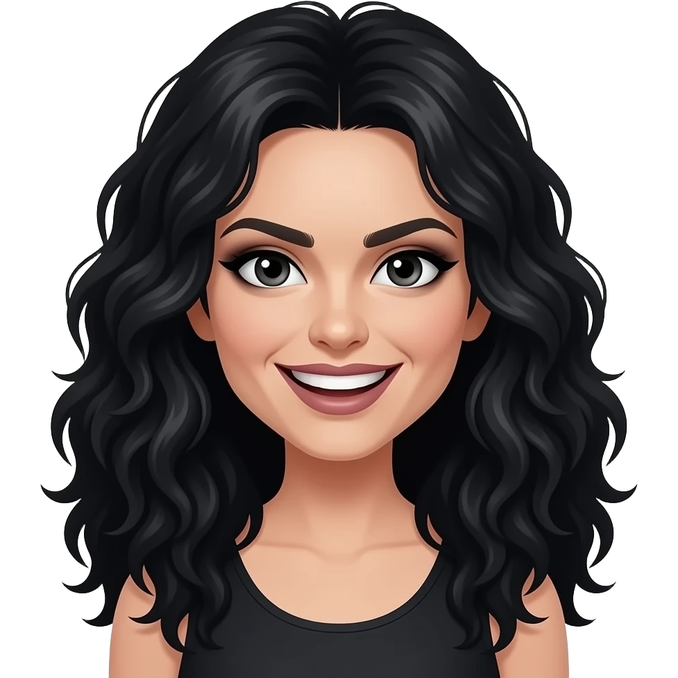 adult woman, wild long black curly hair, very pale skin, dark eye makeup, manic intense grin, slightly tilted head, head-and-shoulders portrait, centered, 3D glossy emoji style, clean background emoji