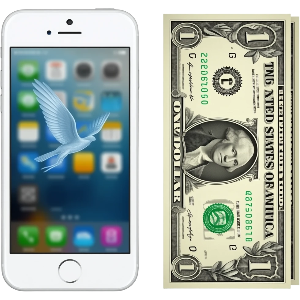 A white iPhone 5s and a banknote with wings emoji