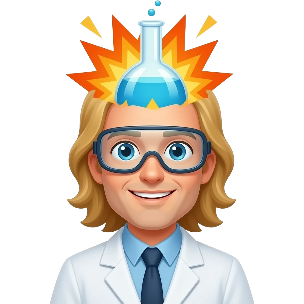 male scientist with long blond hair and no beard wearing googles experiencing a flask explosion above his head emoji