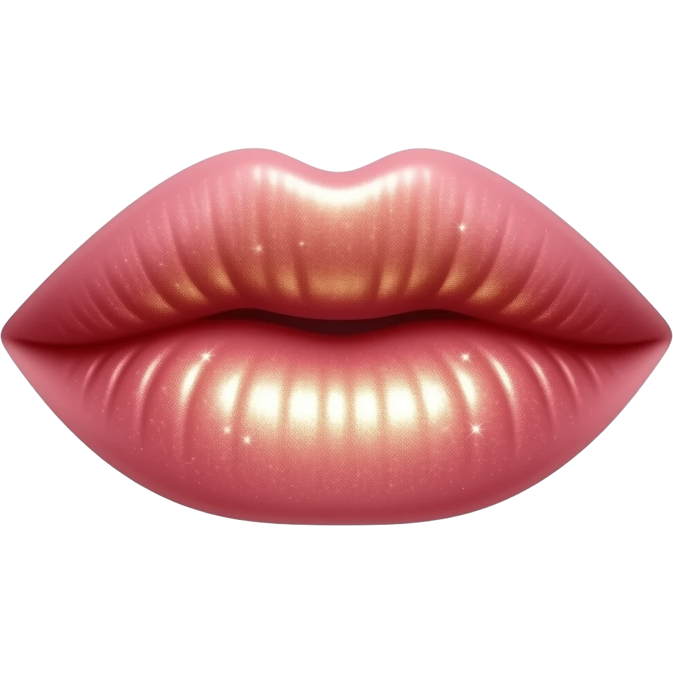 A cute emoji of a glossy lip with a pink tint and golden shimmer highlight in the center, small sparkles around it, plump and dewy, glossy beauty aesthetic, rose gold and champagne tones emoji