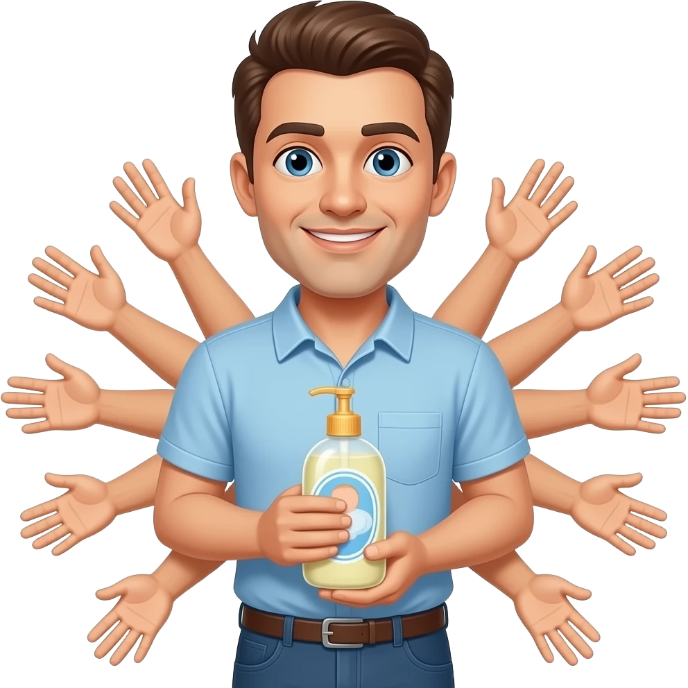 Guy with 100 hands holding baby oil emoji