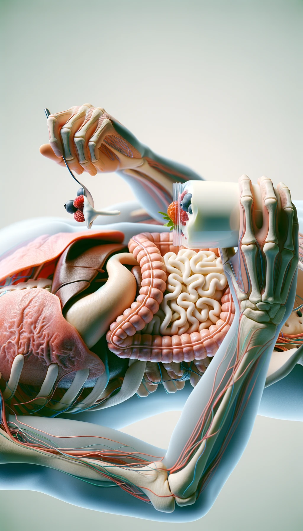 ilustrazione medica di corpo umano anatomico con intestino visibile che mangia uno yogurt, iperrealistico 4k, SFONDO CHIARO emoji
