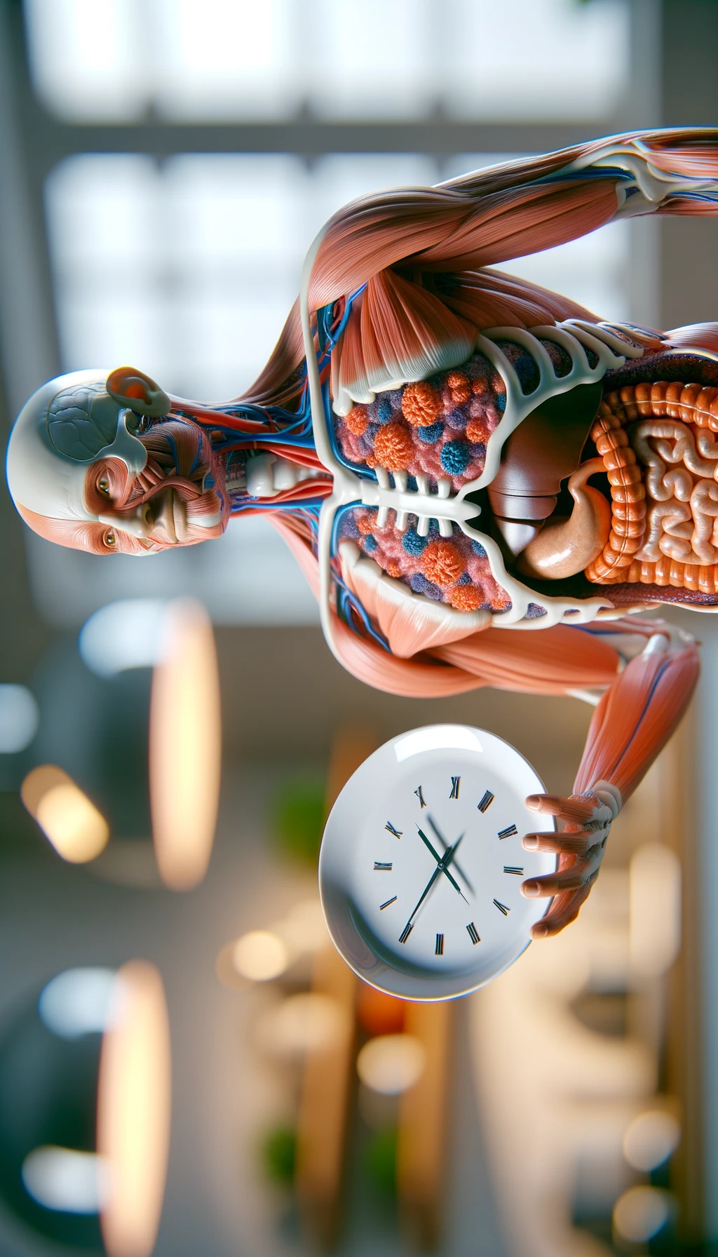 corpo umano anatomico con colori realistici e intestino in evidenza, che tiene in mano un piatto bianco con la lancette di un orologio sopra, figura visibile fino ai fianchi, espressione del volto soddisfatta, sullo sfondo la sua cucina sfocata con toni chiari neutri, iperrealistico 4k emoji
