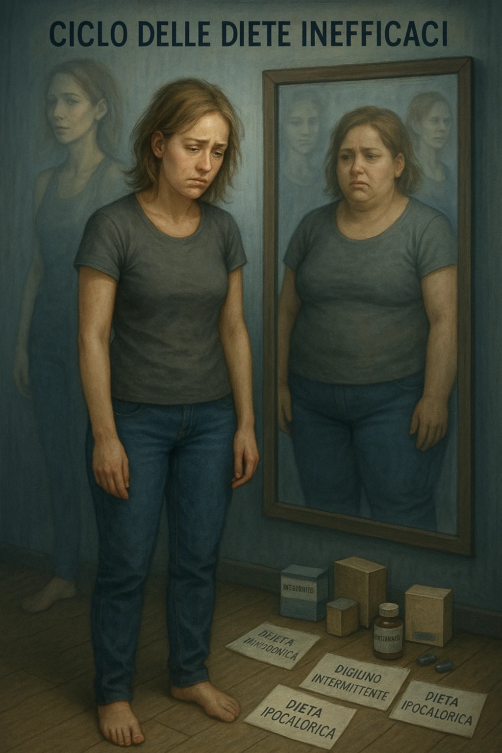 Donna tra i 30 e i 40 anni, in piedi davanti a uno specchio, con espressione delusa e stanca. Accanto a lei, sul pavimento, scatole di integratori, foglietti con scritte tipo 'Dieta chetogenica', 'Digiuno intermittente', 'Dieta ipocalorica'. Riflesso nello specchio mostra una versione di sé con peso aumentato, come se fosse tornata indietro nel tempo. Attorno a lei, immagini sbiadite o sovrapposte di sé in passato, quando era dimagrita. Atmosfera emotiva, simbolica, con luce fredda e sfumature di frustrazione. Messaggio visivo forte: 'ciclo delle diete inefficaci' in italiano emoji