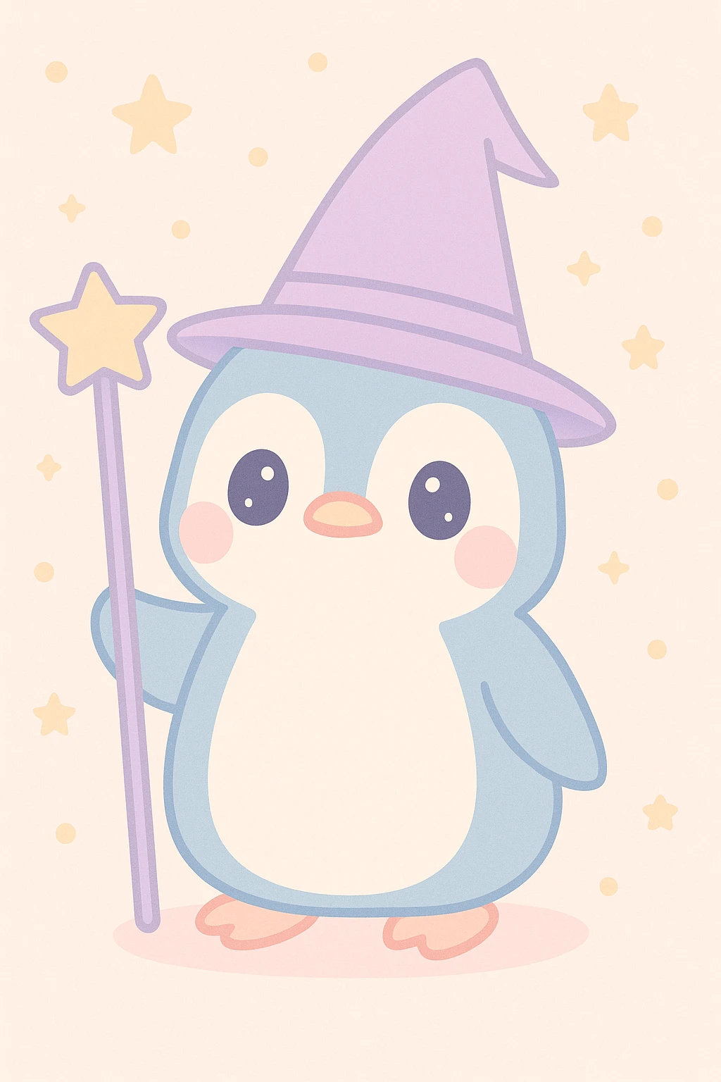 a penguin dressed as a wizard, with a pointed hat and a magic staff, charming colorful style emoji
