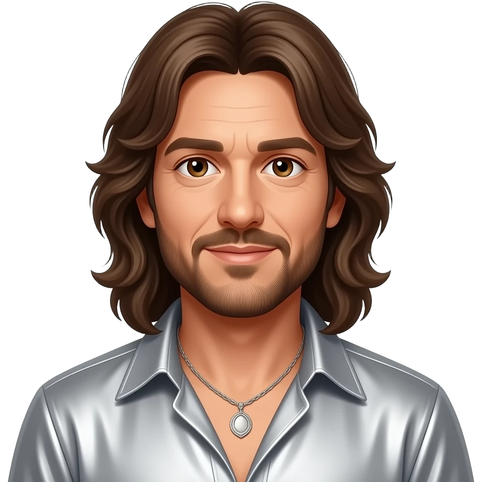 Maurice Gibb from Bee Gees with brown eyes, long  brown hair and short beard, silver metallic open shirt, necklace emoji