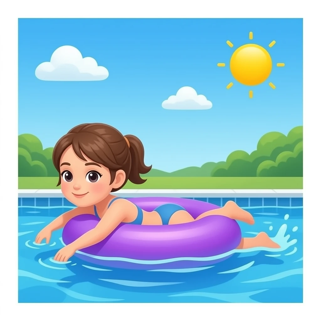 swimming pool with girl  swimming and a round purple tube emoji