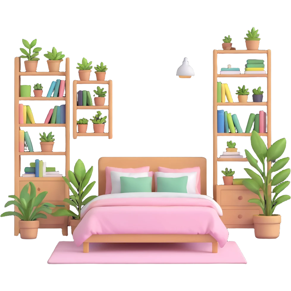 aesthetic bedroom with soft colors, plants, bookshelves, and study area emoji