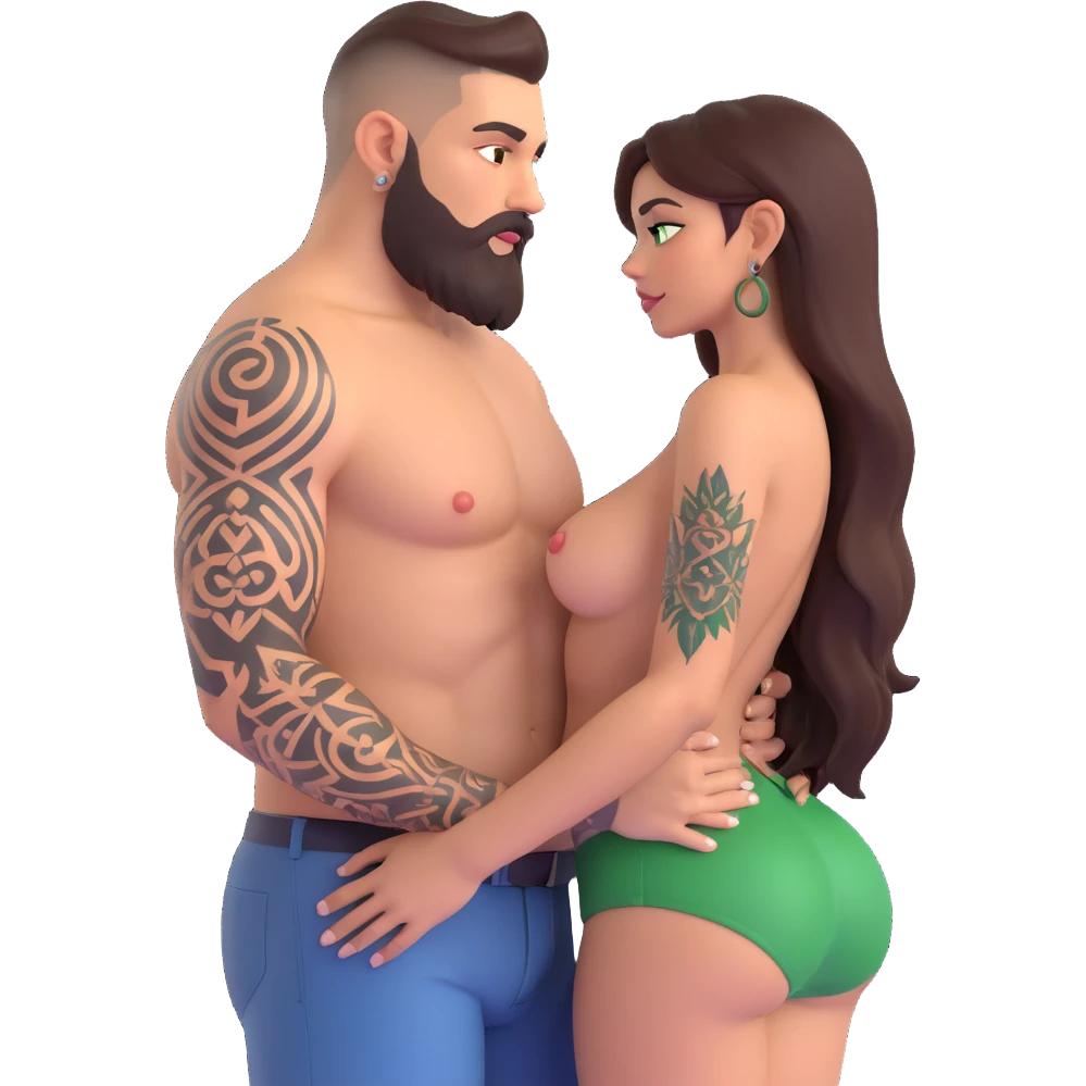 Short Brown eyed Latina woman with pierced nipples, small breasts and tattoos having sex with a tall white man with green eyes and a beard grab big booty emoji