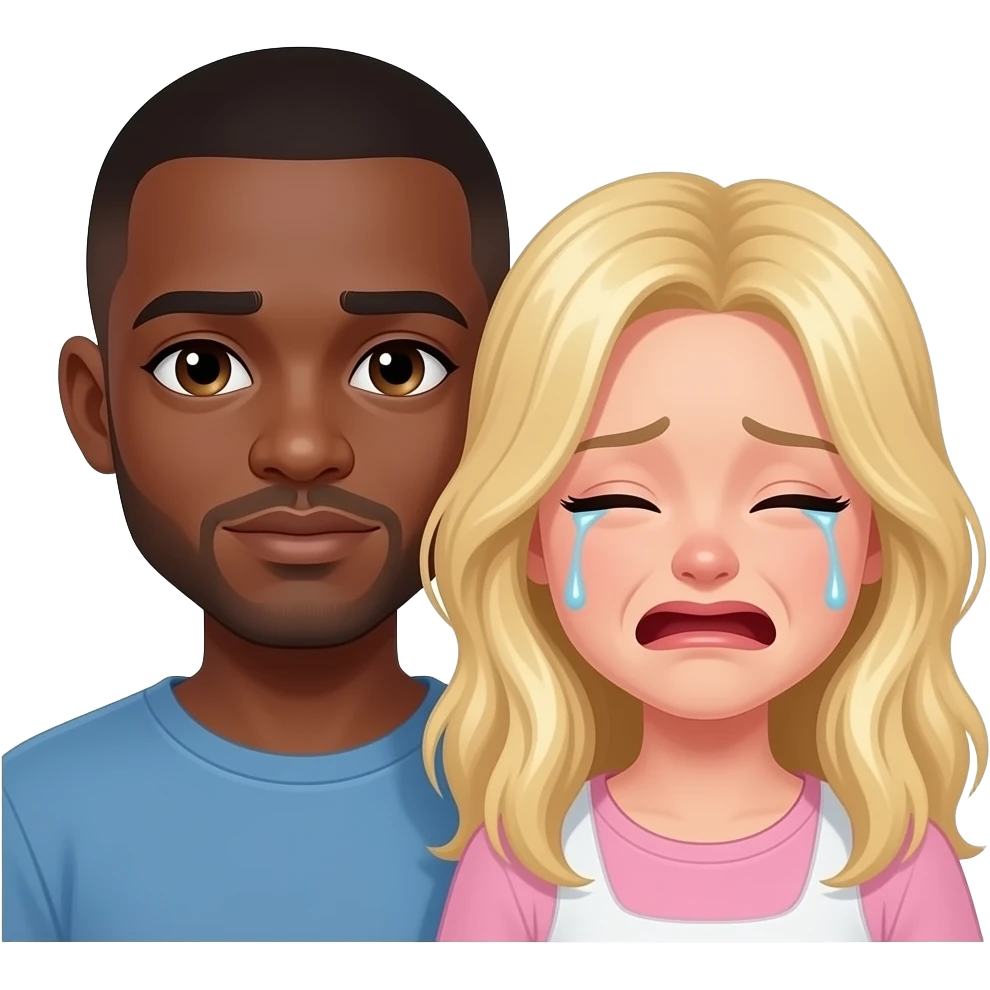 Black man with shaved head & blonde girlfriend crying together emoji