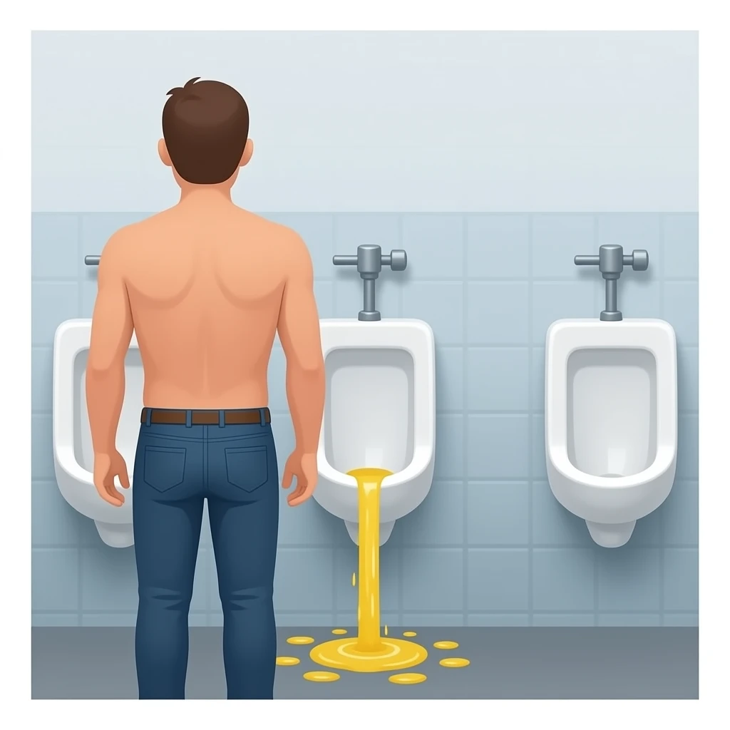 Erstelle ein Bild von einem öffentlichen WC, ein Mann von hinten steht vor einem urinal und oben vorn aus seiner Hose kommt ein gelber dünner Wasserstrahl der in das urinal trifft emoji