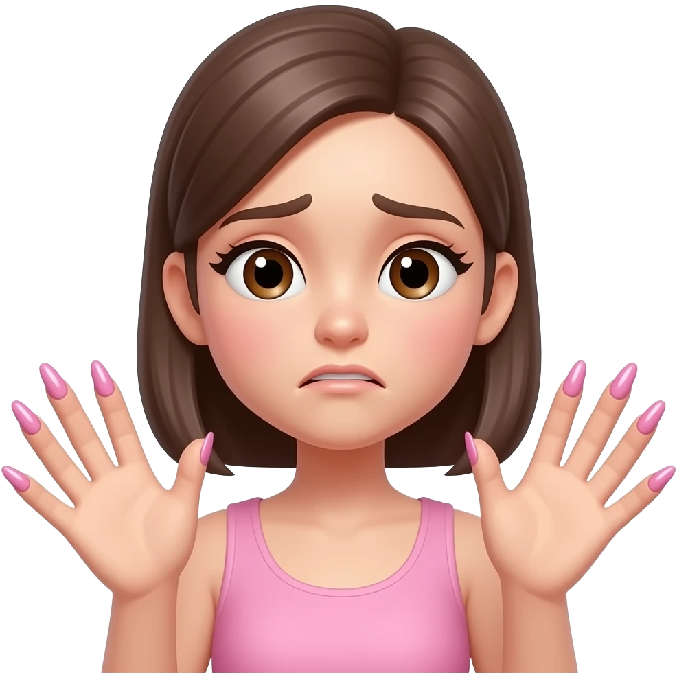 aesthetic emoji girl, cute face, slightly stressed expression, moving hands, motion blur effect, long glossy acrylic nails, trendy nail art, soft pink and nude tones, minimal makeup, clean background, soft lighting, girly aesthetic, high detail, 3D emoji style emoji