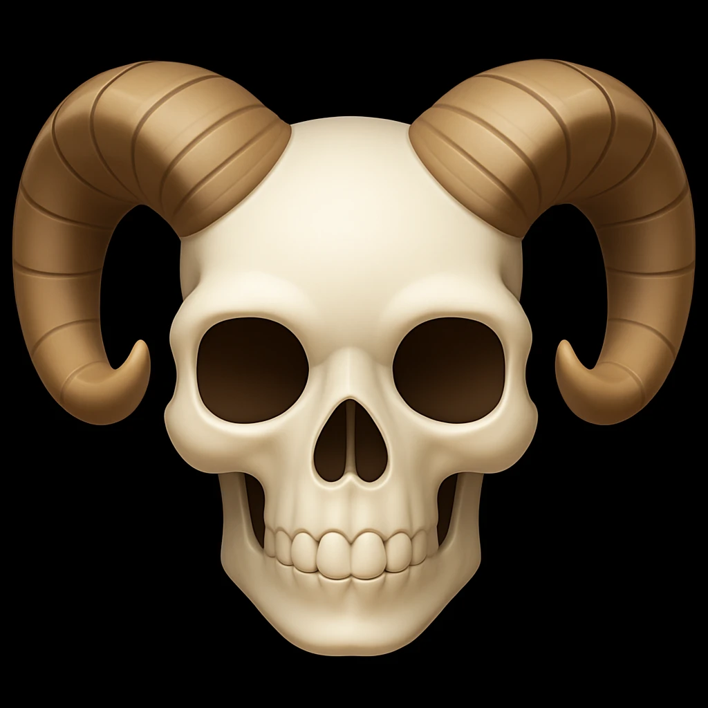 Add large, curled ram horns like the reference image to a human skull, keeping the exact emoji art style from the attached image. The result should look like a human skull with realistic, prominent ram horns in emoji style. emoji