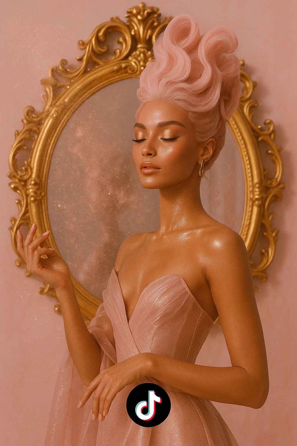 high-fashion fantasy woman, radiant skin, surrounded by sparkling powder, golden mirror, pastel pink and gold, elegant, mysterious, TikTok cover style emoji