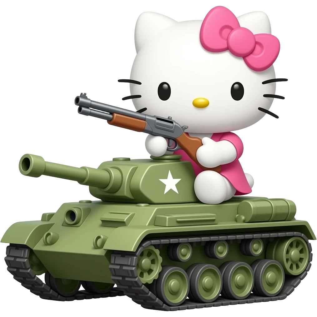 cute hello kitty in pink dress . holding a shotgun. and he sits in a war tank emoji