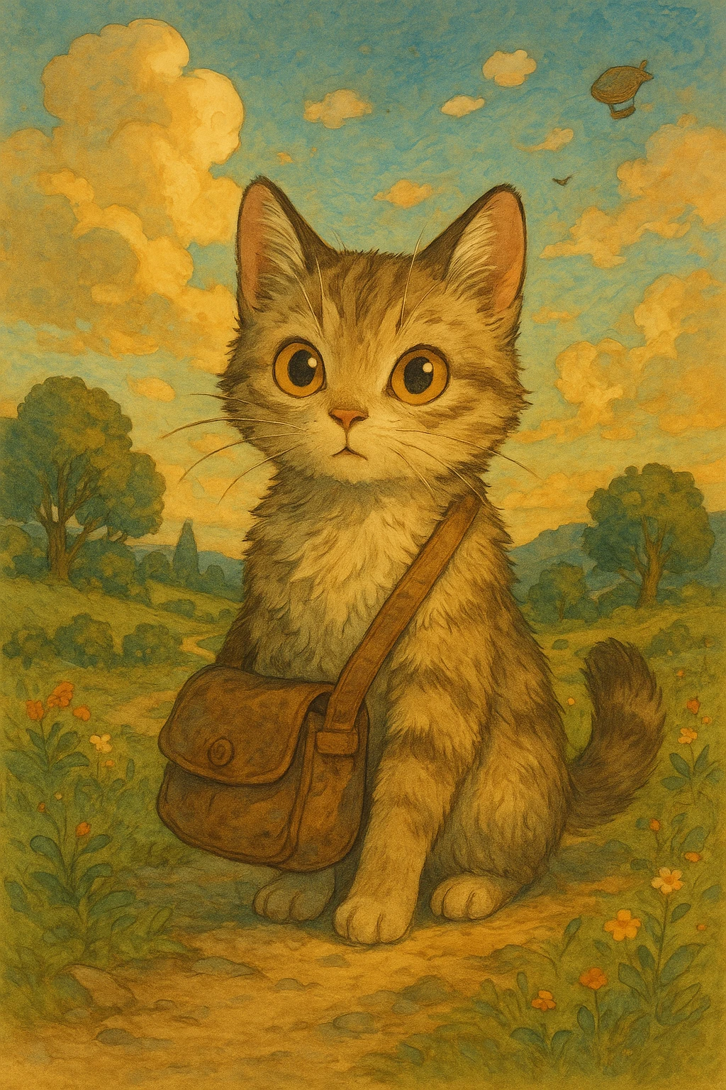 a curious cat with a satchel, ghibli style emoji