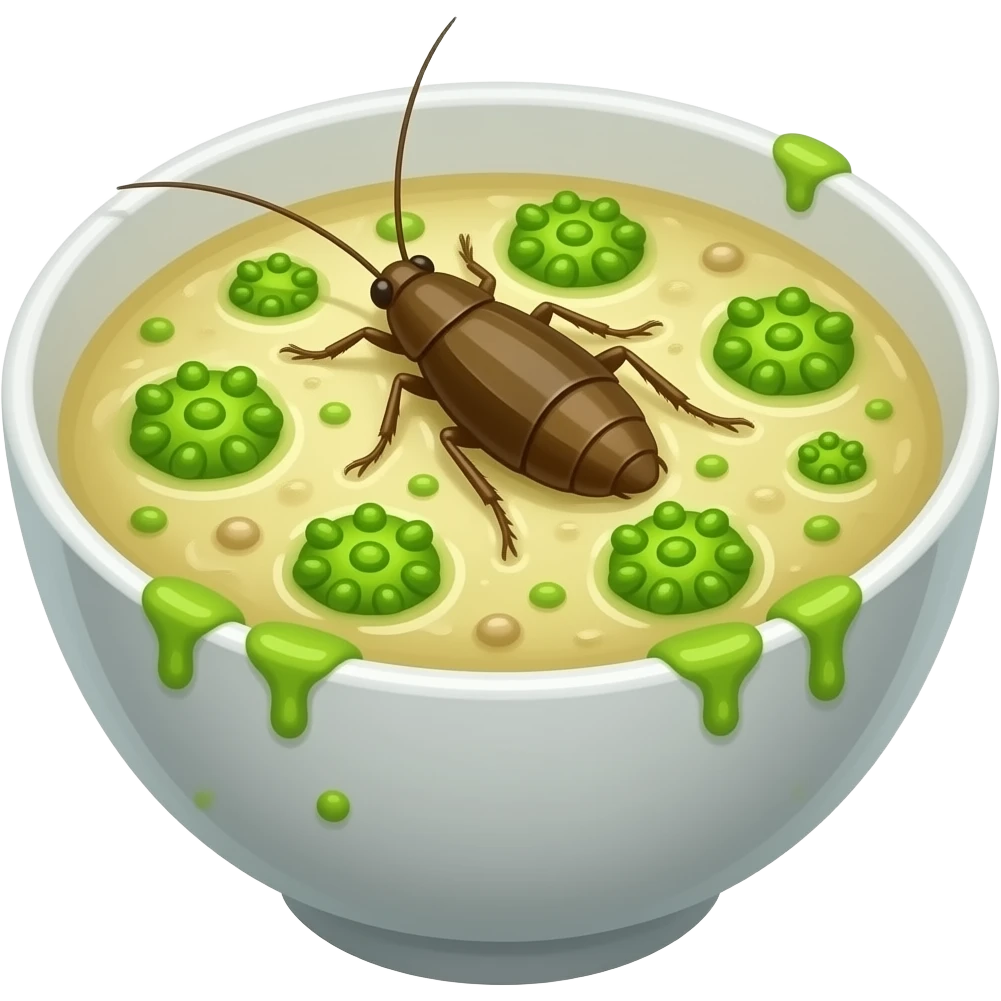 moldy rotten soup. molds should be green and cartoonish. there will be a cockroach on it. no face emoji