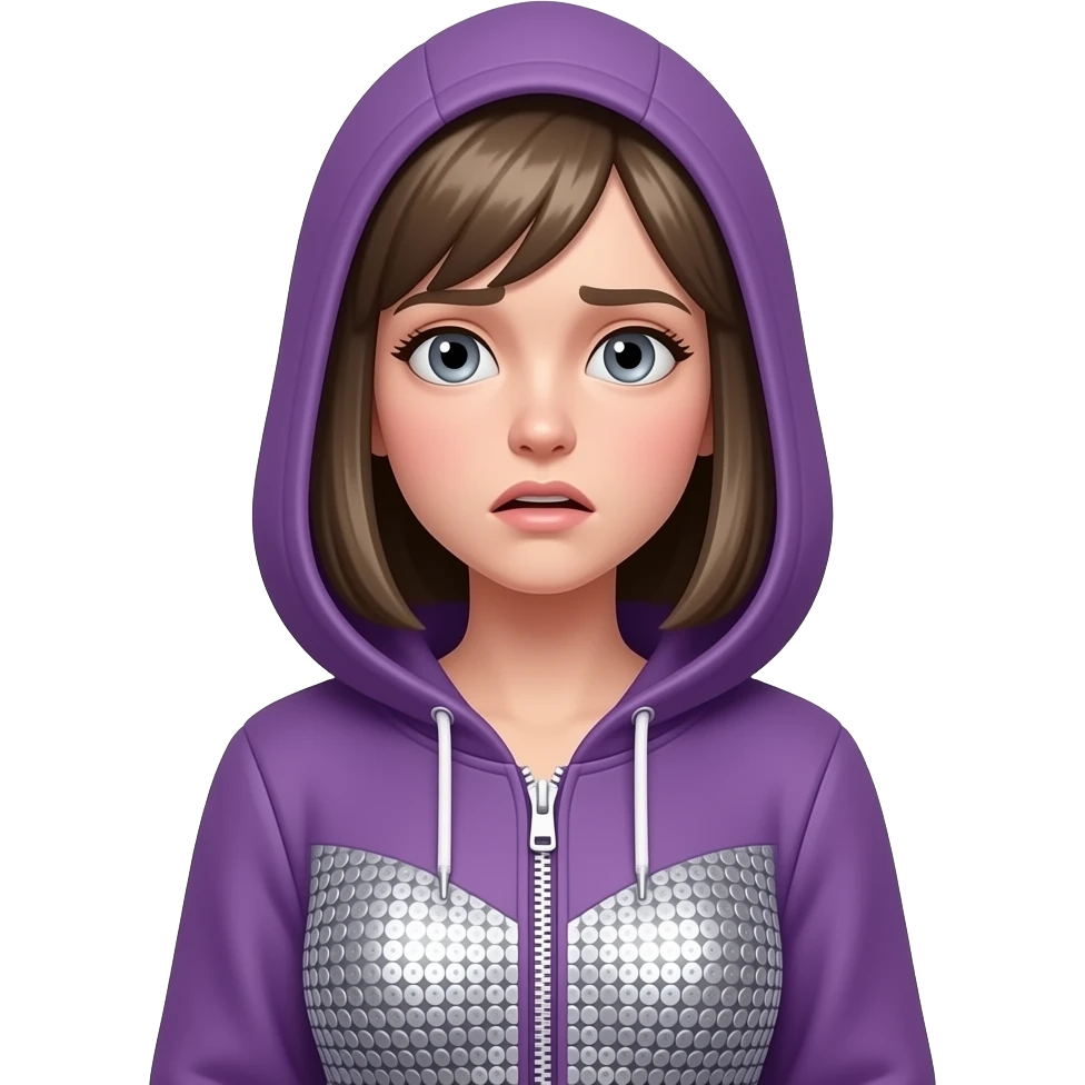 White girl with gray eyes, dark blonde (almost brown) chin-length straight hair, wearing a purple zip-up hoodie over a silver, finely-sequined dress that wraps around with no straps. Crucially, the hood is down. It is not covering her head. She is scared. emoji