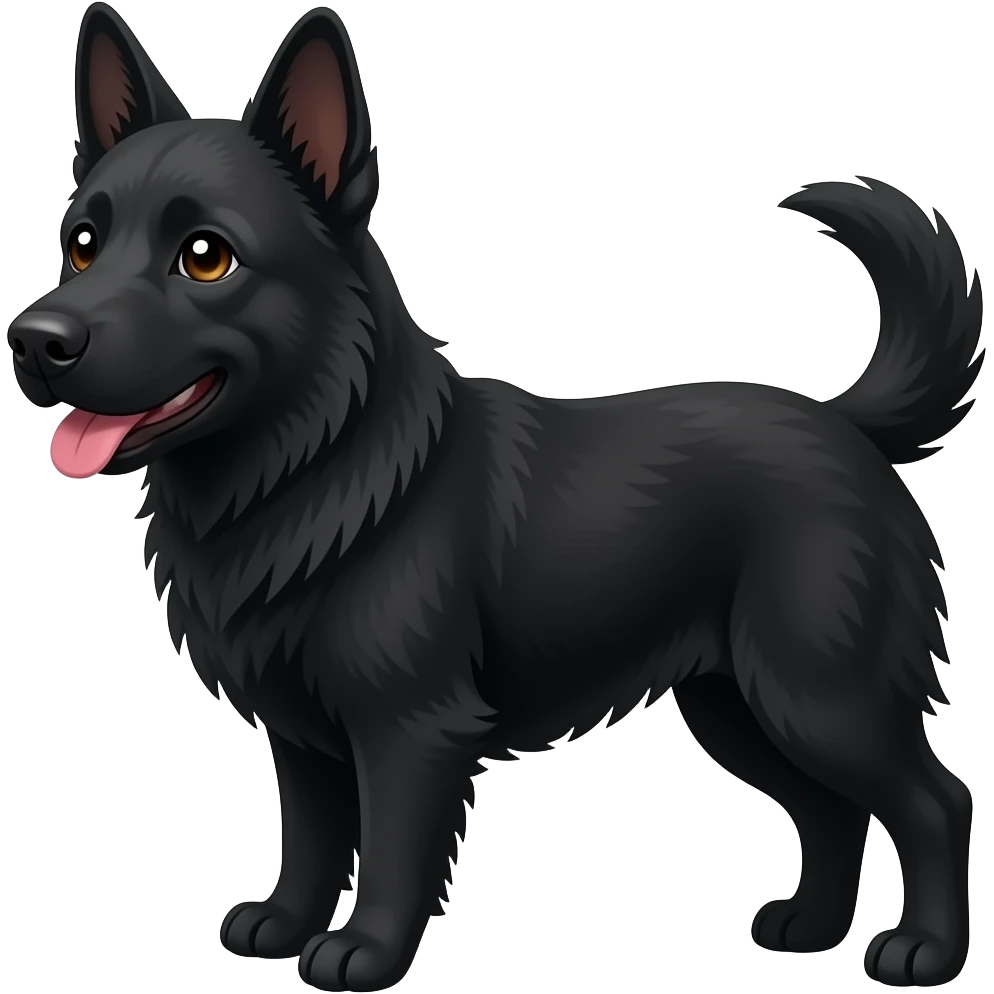 black dog with one ear up and one ear down and fluffy fur emoji