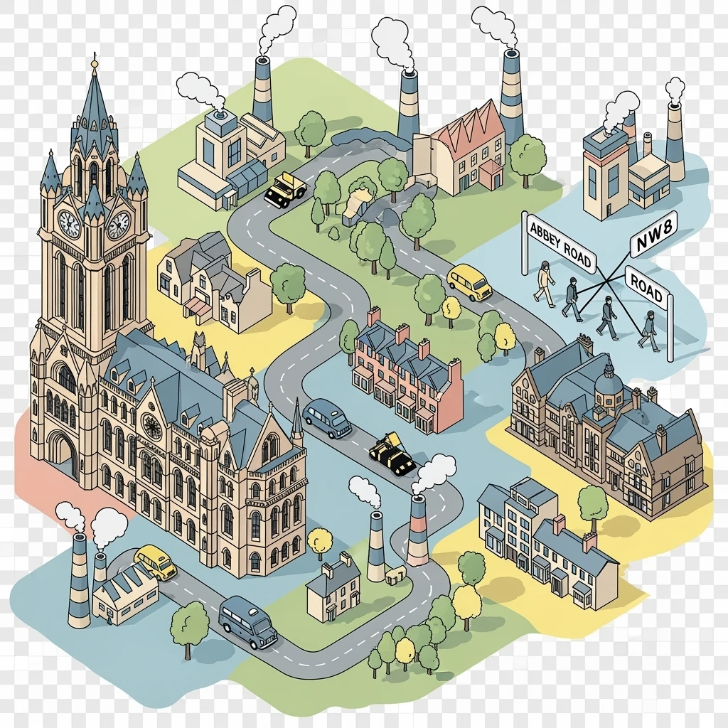 Isometric illustration of Manchester and Liverpool combined, featuring Beatles references (Abbey Road sign), Manchester Town Hall, toy-style factories, muted pastel tones, transparent background emoji