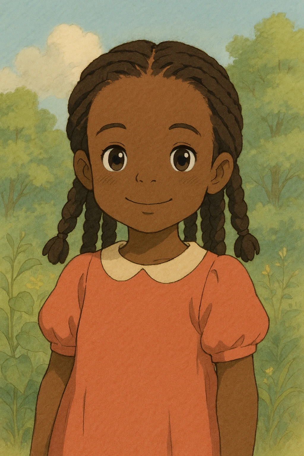 little black girl with braids, ghibli style emoji
