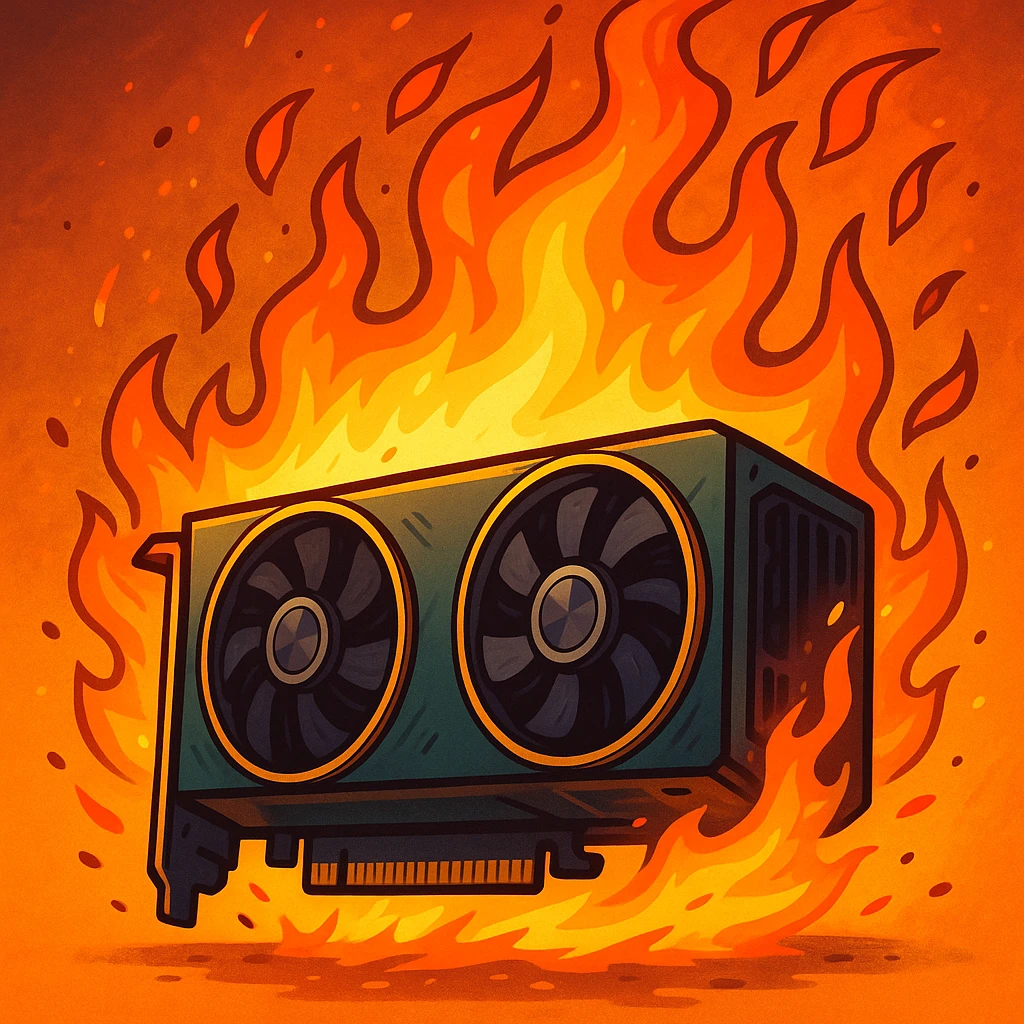 NVIDIA RTX8000 GPU on fire, cartoon style, expressive flames, no text emoji