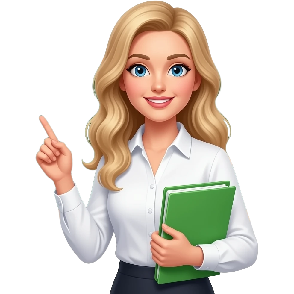 a teacher with long wavy blond hair and blue eyes holding a green folder in the right hand emoji