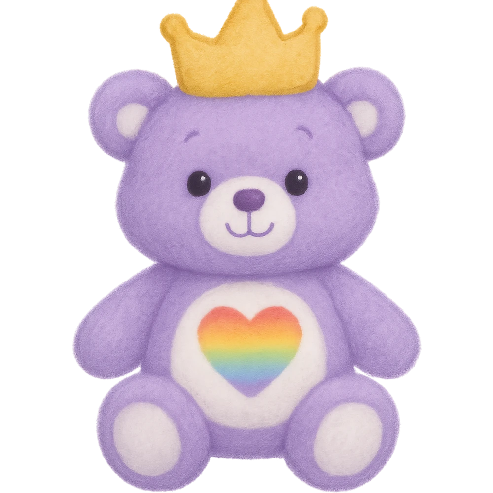 Add a soft and plush crown to the purple and white teddy bear with a heart-shaped rainbow patch. Keep the lighting flat with no shadows and no background. Maintain the plush texture and softness of the teddy bear in a style that respects the original look. emoji