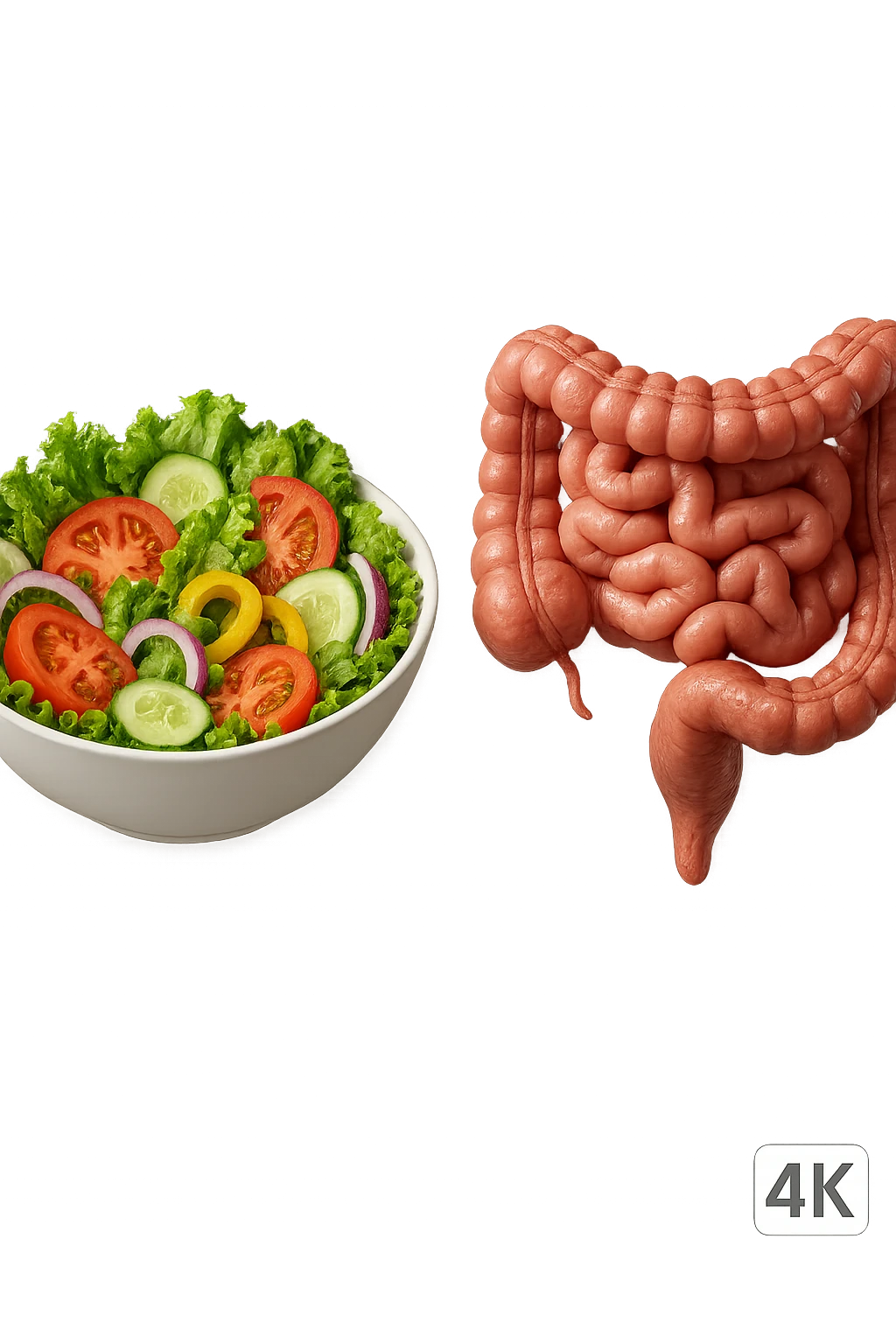 bowl di insalata fluttua in aria insieme ad intestino umano anatomico realistico, IPERREALISTICO 4K emoji