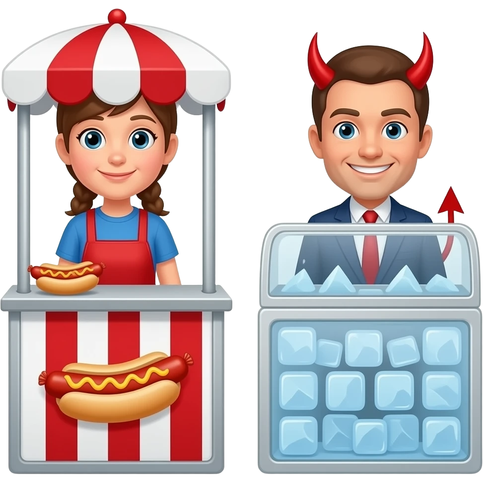 Two people standing on two different sides of a wall. One of the guys is a hot dog seller. The other guy is a ice agent smirking devilishly emoji
