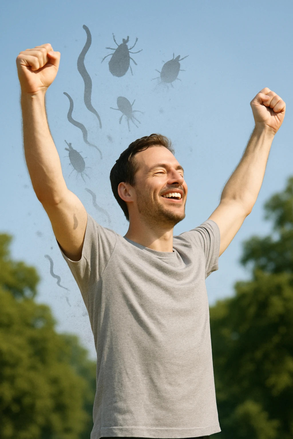 a man stands outdoors in bright sunlight, arms raised in relief and joy, while faint, shadowy silhouettes of parasites fall away from his body and dissolve into the air. His posture is upright and energetic, his expression serene and healthy. The background features green trees and a clear sky, emphasizing liberation and restored well-being. emoji