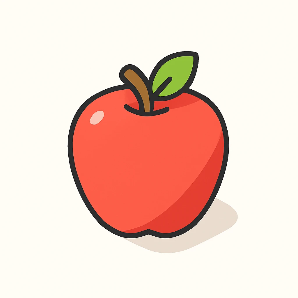 사과, 2D isometric style, 토스 스타일 느낌, 흰색 배경, 그림자 효과, 심플한 아이콘 emoji