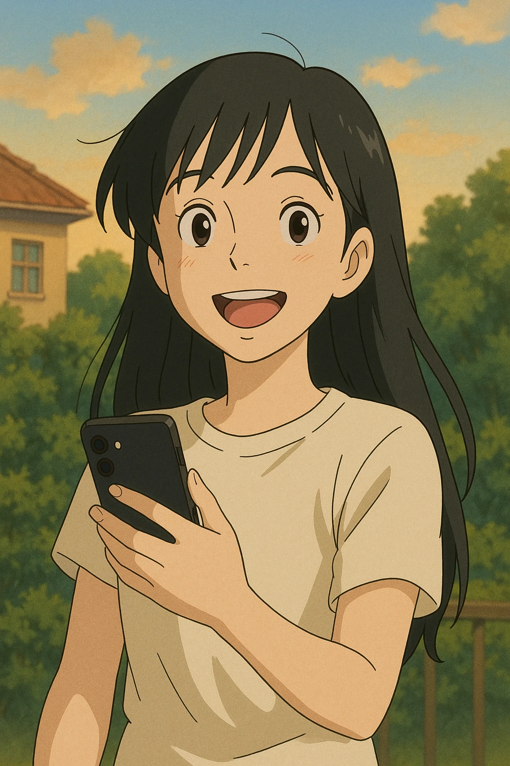 smiling white girl with long black hair holding cellphone emoji